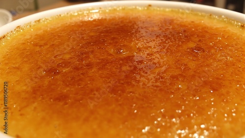 Indulgent crme brle with caramelized sugar crust creamy custard peeking through Rich amber tones under soft light photo