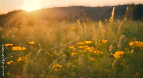 Beautiful wildflowers moving in the wind with sunlight on a green meadow Warm summer evening with a bright meadow during sunset Grass silhouette in the light of the golden setting sun 4K