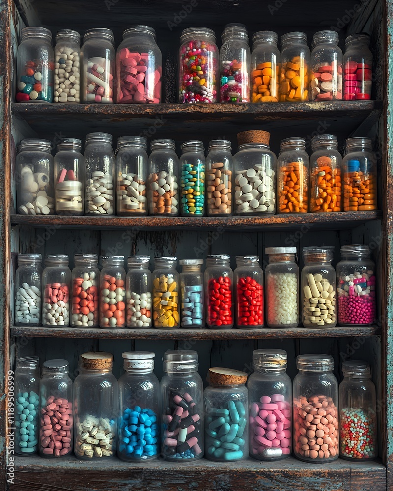 custom made wallpaper toronto digitalColorful Collection of Vintage Medicines Organized in Glass Jars on a Wooden Shelf in an Old Apothecary