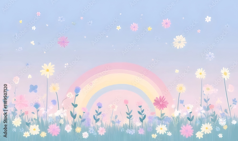 Pastel rainbow over vibrant wildflowers and butterflies. Pastel rainbow over vibrant wildflowers and butterflies.