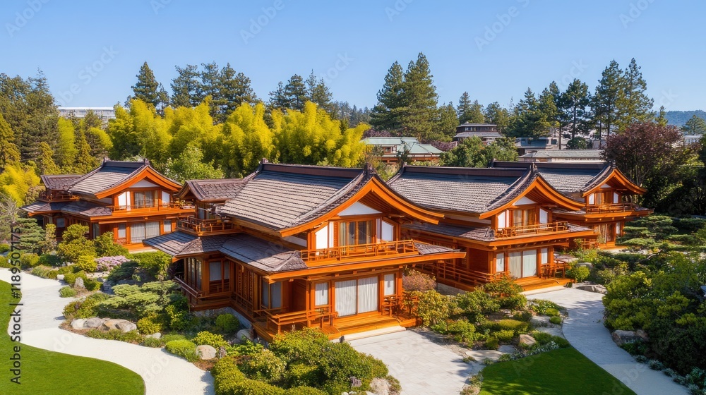 Japanese-style houses, serene garden, sunny day, aerial view, tranquil retreat Japanese-style houses, serene garden, sunny day, aerial view, tranquil retreat