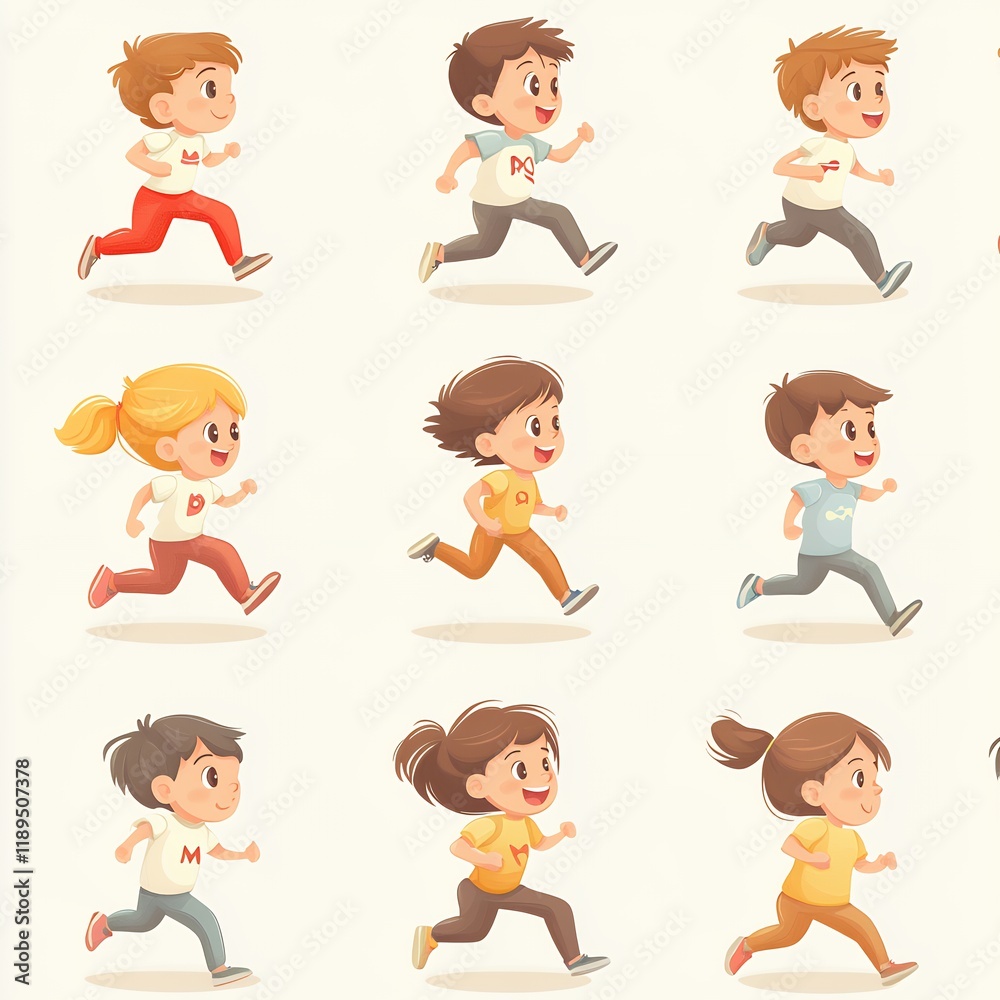 Children Running Happily in Various Playful Poses and Colorful Outfits in a Dynamic, Joyful Illustration Children Running Happily in Various Playful Poses and Colorful Outfits in a Dynamic, Joyful Illustration