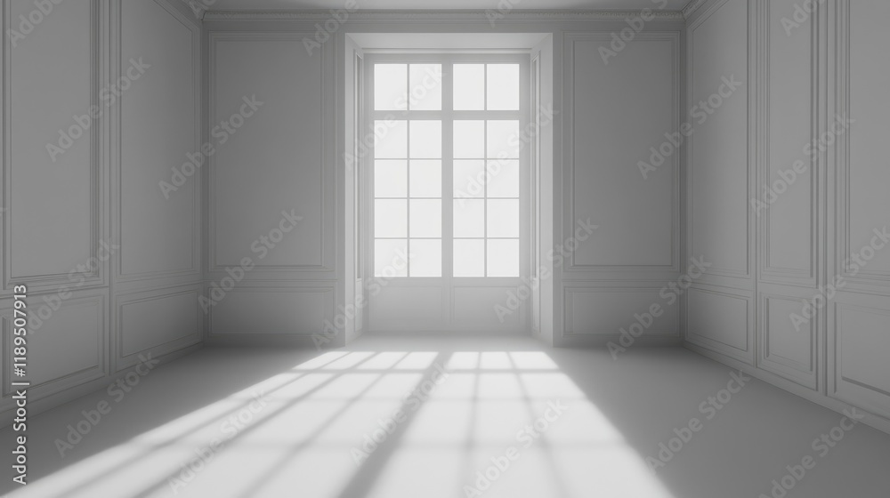 Fototapeta premium A minimalist room with large windows casting shadows on the floor.