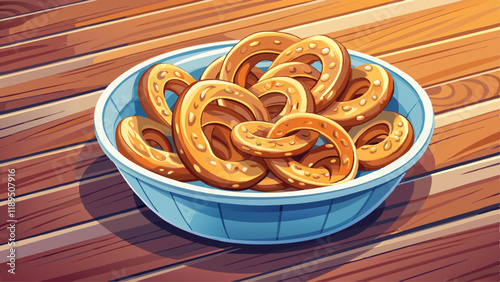 Hard Pretzels or Salted pretzels snack for party in white bowl on wooden floor.