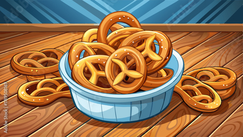 Hard Pretzels or Salted pretzels snack for party in white bowl on wooden floor.