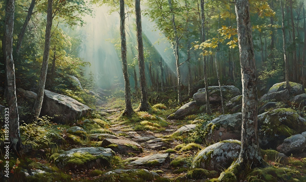 Obraz premium Sunbeams illuminate a mossy forest path winding through rocks and trees.