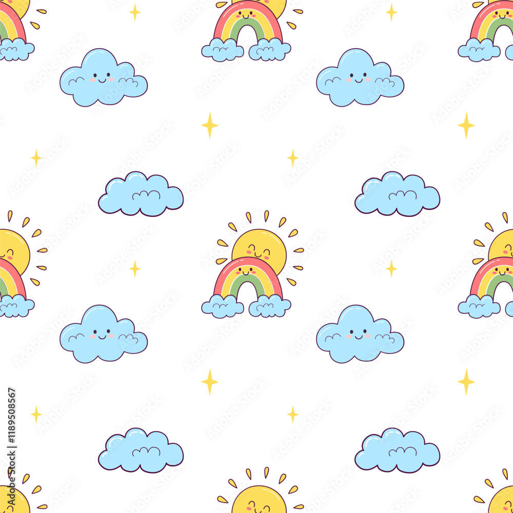 Fototapeta premium Trendy seamless pattern with cute weather elements sun, rainbow, clouds. Vector illustration for wrapping and textile
