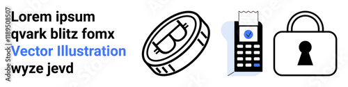 Cryptocurrency coin, payment terminal with receipt, and padlock icon with keyhole. Ideal for digital currency, payment security, e-commerce, financial technology, online security, digital