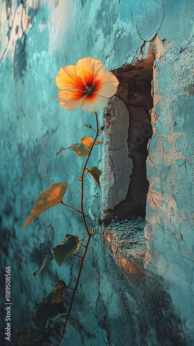 Vibrant flower blooming from a crack in a weathered wall, contrasting delicate beauty with rough surroundings, symbolizing resilience and survival in an urban setting photo