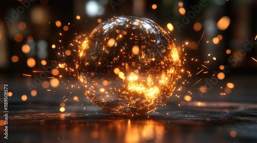 A 3D glowing sphere surrounded by floating triangular shapes, emitting soft rays of light. photo