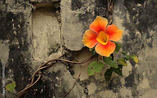 Vibrant flower blooming from a crack in a weathered wall, contrasting delicate beauty with rough surroundings, symbolizing resilience and survival in an urban setting photo