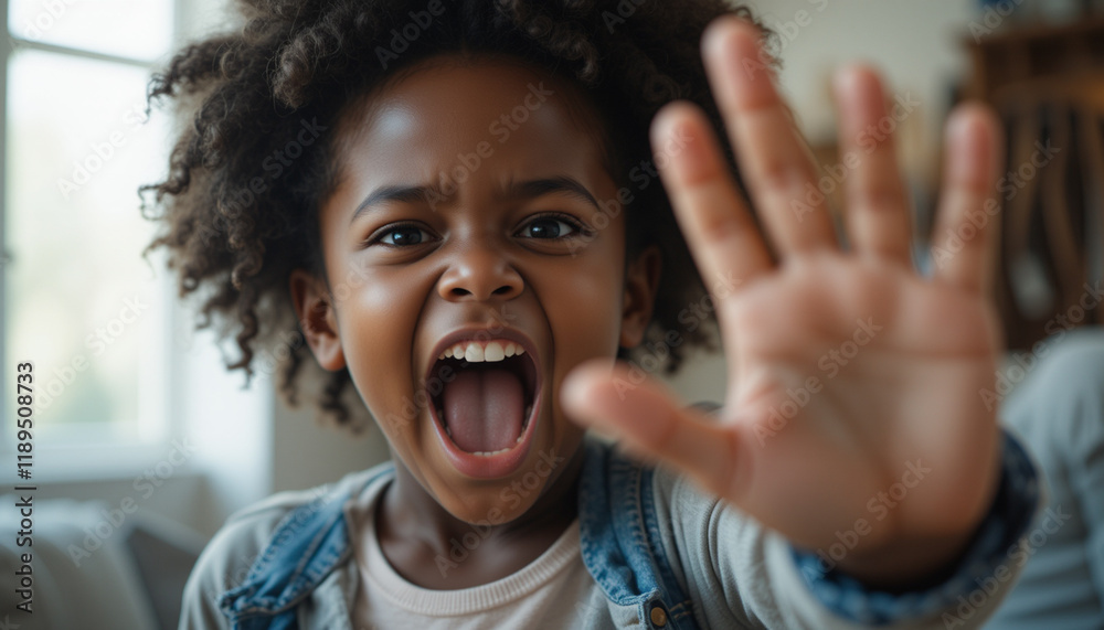 Afro-American child saying stop or no with hand raised in protest or communication Afro-American child saying stop or no with hand raised in protest or communication