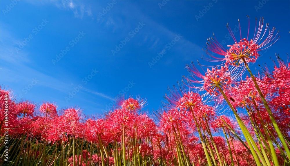 pink spider lily or cluster amaryllis flora blooming inside the blue sky in autumn or fall higanbana or lycoris pink spider lily or cluster amaryllis flora blooming inside the blue sky in autumn or fall higanbana or lycoris