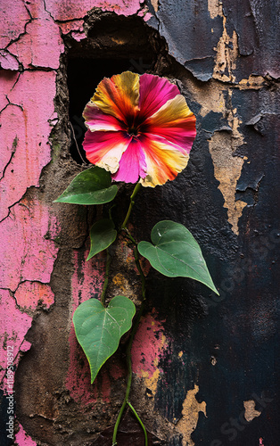 Vibrant flower blooming from a crack in a weathered wall, contrasting delicate beauty with rough surroundings, symbolizing resilience and survival in an urban setting photo