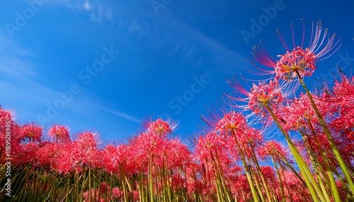 pink spider lily or cluster amaryllis flora blooming inside the blue sky in autumn or fall higanbana or lycoris photo