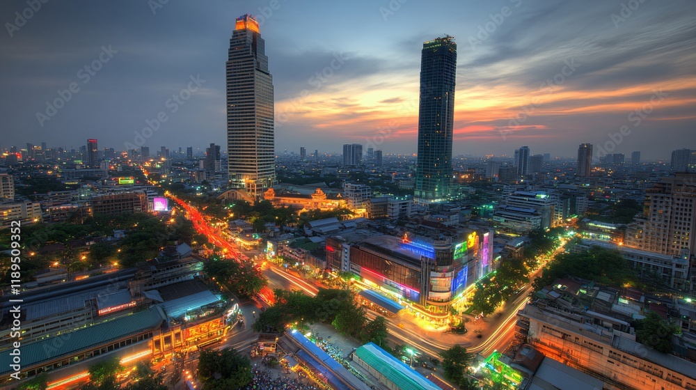 Fototapeta premium Stunning Night View of Cityscape with Skyscrapers and Illuminated Streets