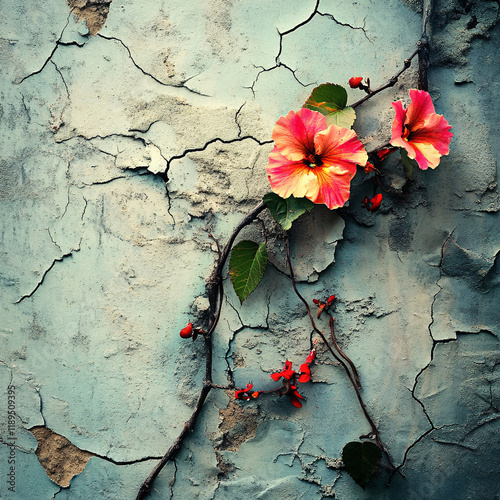 Vibrant flower blooming from a crack in a weathered wall, contrasting delicate beauty with rough surroundings, symbolizing resilience and survival in an urban setting photo