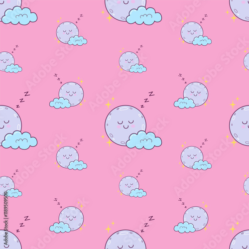 Vector seamless pattern for children with cute character of cloudy moon on pink background. kids background for wrapping