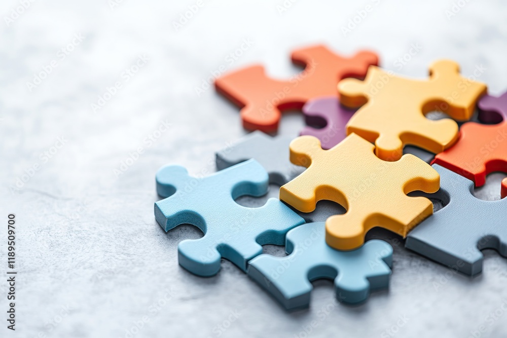 Fototapeta premium symbolic depiction of interconnected puzzle pieces in diverse colors placed neatly on smooth white surface