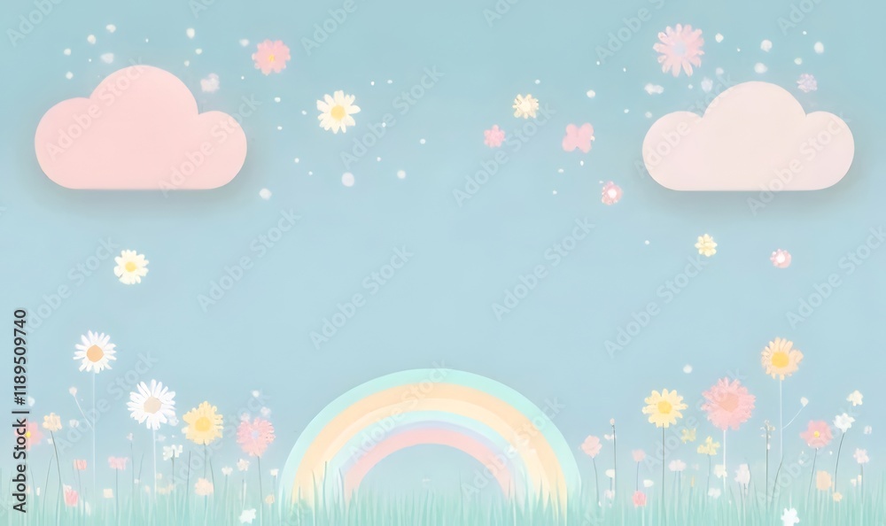 Pastel rainbow, flowers, clouds, butterflies, spring background. Pastel rainbow, flowers, clouds, butterflies, spring background.
