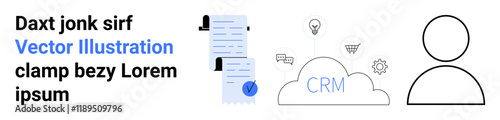Documents with writing, cloud labeled CRM, network icons, user silhouette. Ideal for business presentations, marketing, tech blogs, SaaS, CRM systems, infographics, and network tutorials. Landing