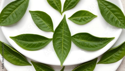 Wallpaper Mural Green Leaves Arranged on White Plates: A Serene, Minimalist Still Life Torontodigital.ca