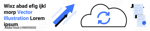 Cloud with sync arrows, upward arrows indicating progress, and documents. Ideal for cloud storage, data sync, document management, tech services, digital security, business strategies, and software