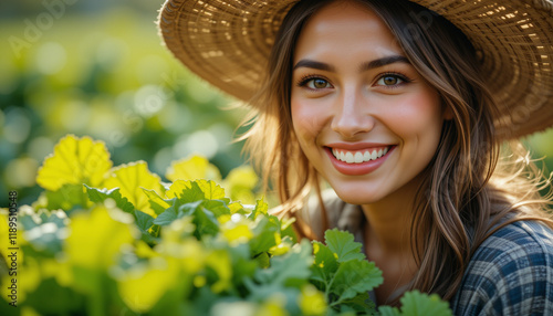 Smiling woman farmer standing proudly in the middle of her thriving plantation. photo