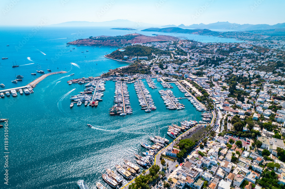 Bodrum District of Mugla, Turkey. Aerial view of Bodrum Castle. Panoramic view of Bodrum center, marina and castle. Drone shot. Bodrum District of Mugla, Turkey. Aerial view of Bodrum Castle. Panoramic view of Bodrum center, marina and castle. Drone shot.