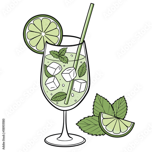 mojito cocktail: ice, lime, mint
