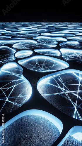 Futuristic Glowing Surface with Interconnected Patterns in a Dark Environment