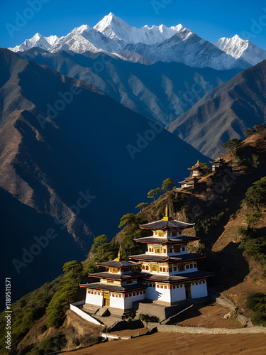 Landscape view of beautiful Gom Kora or Gomphu Kora buddhist temple against dark mountain background, near Trashigang, eastern Bhutan photo