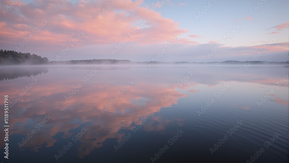 Fototapeta premium Tranquil sunrise scene with misty lake reflections of pink clouds