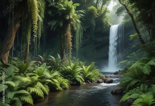 Dense thicket of tilo trees and ferns surrounding a cascading waterfall, shrub, overgrowth photo