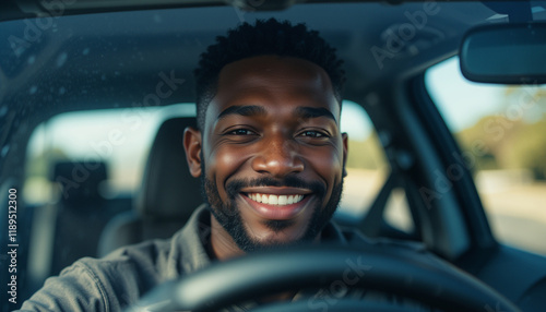 Afro-American driver working as a rideshare app professional driving a modern car. App Driver photo