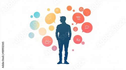 Silhouette man in chat bubbles messages, communication concept wide view photo