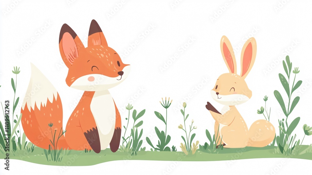 Obraz premium Adorable Fox and Rabbit Characters in Beautiful Landscape Setting