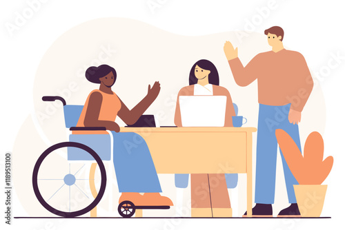 Employee sitting in wheelchair and working in office Disabled person employment concept design
