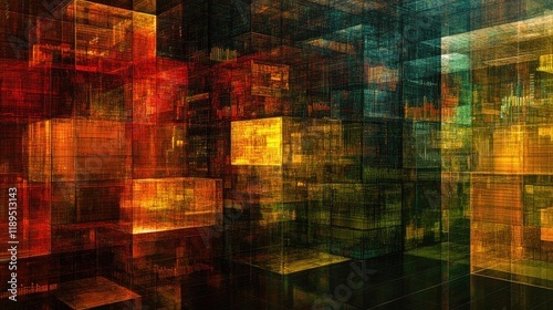 Abstract Geometric Light Display in a Digital Environment with Colorful Translucent Cubes