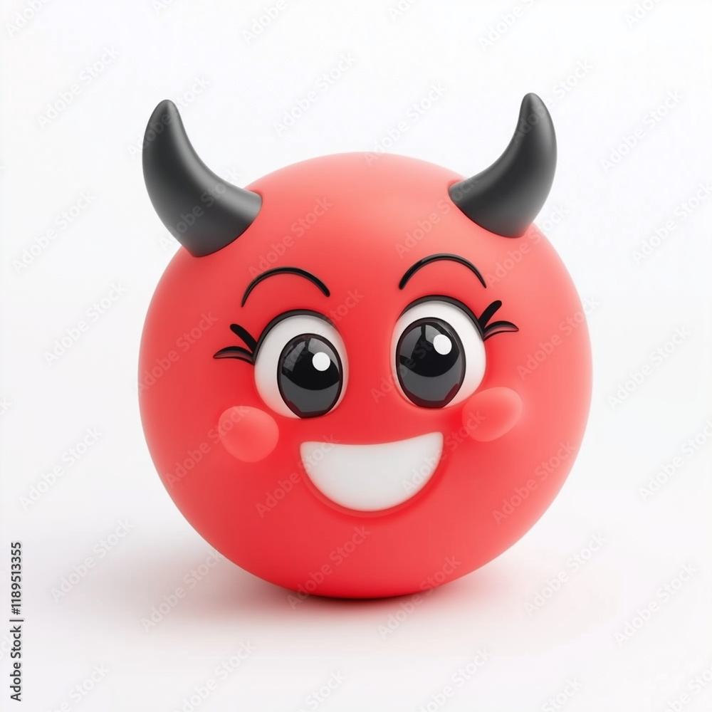Red devil emoji with big eyes, rosy cheeks, and a cheerful smile, symbolizing playful mischief and humor in a cute cartoon design Red devil emoji with big eyes, rosy cheeks, and a cheerful smile, symbolizing playful mischief and humor in a cute cartoon design
