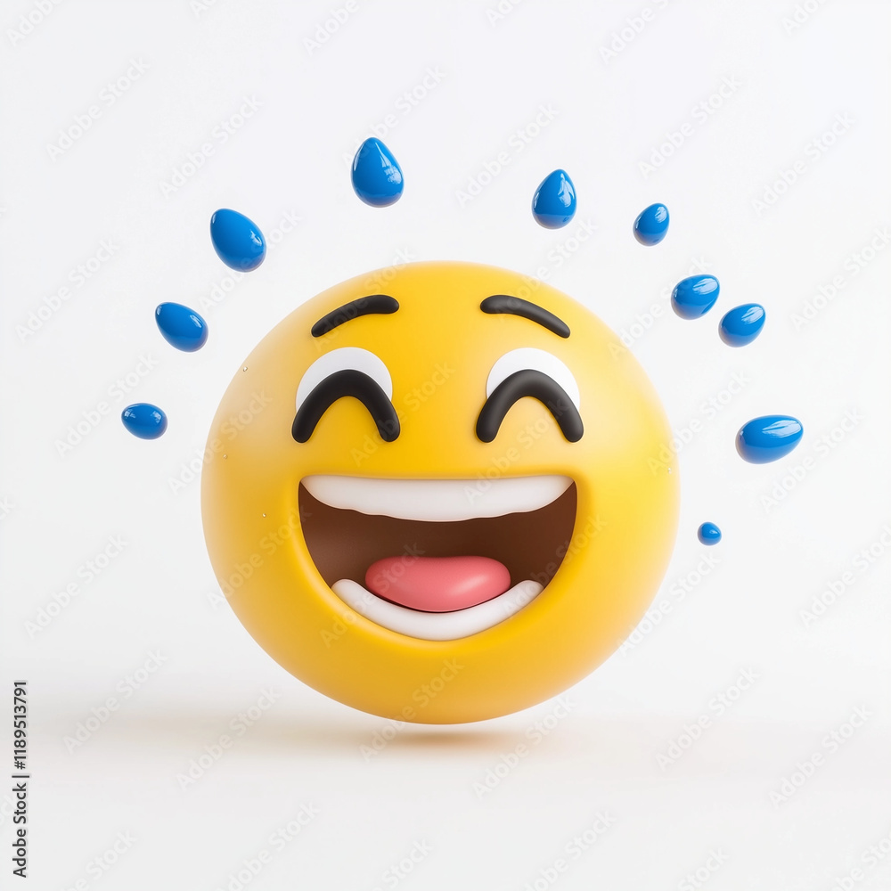 Fototapeta premium Yellow emoji with tears of laughter, wide-open mouth, and rosy cheeks, radiating contagious joy and humor, isolated on white