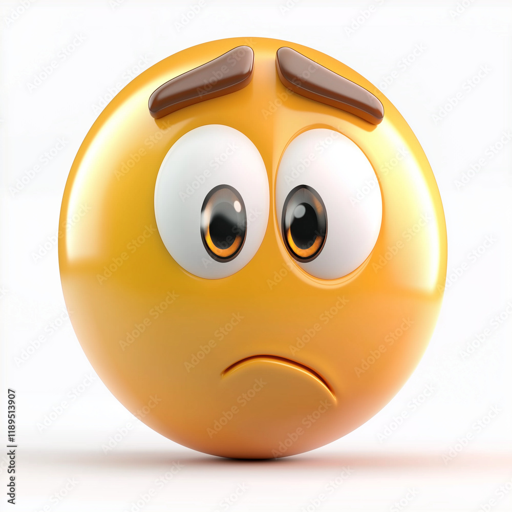Naklejka premium Yellow emoji with a worried frown and raised eyebrows, expressing sadness and concern, isolated on white