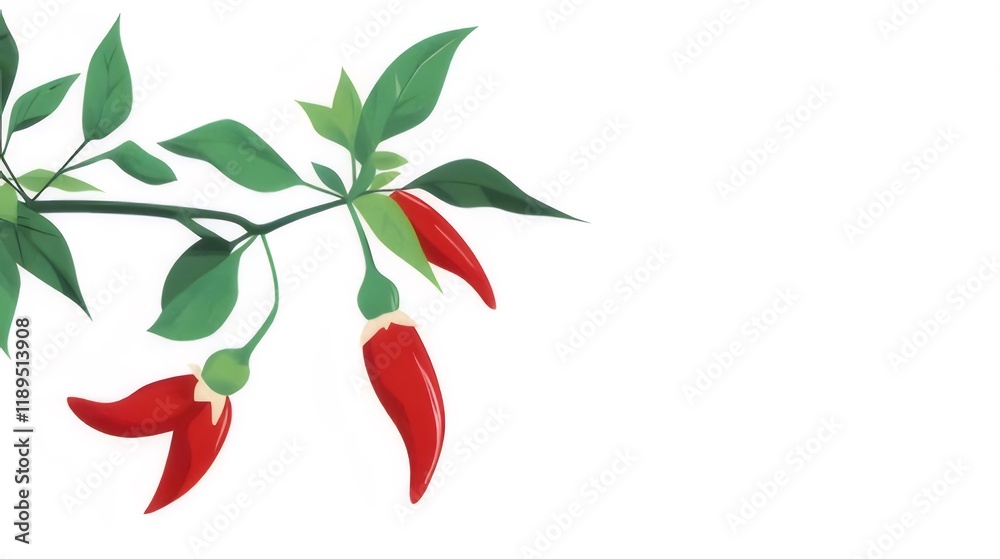 Red chili peppers on a branch with green leaves, isolated on white background. Red chili peppers on a branch with green leaves, isolated on white background.