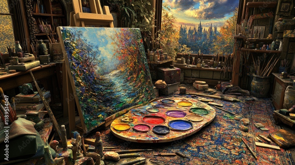 Vibrant Art Studio with Landscape Painting and Palette in Foreground A Creative Space Vibrant Art Studio with Landscape Painting and Palette in Foreground A Creative Space