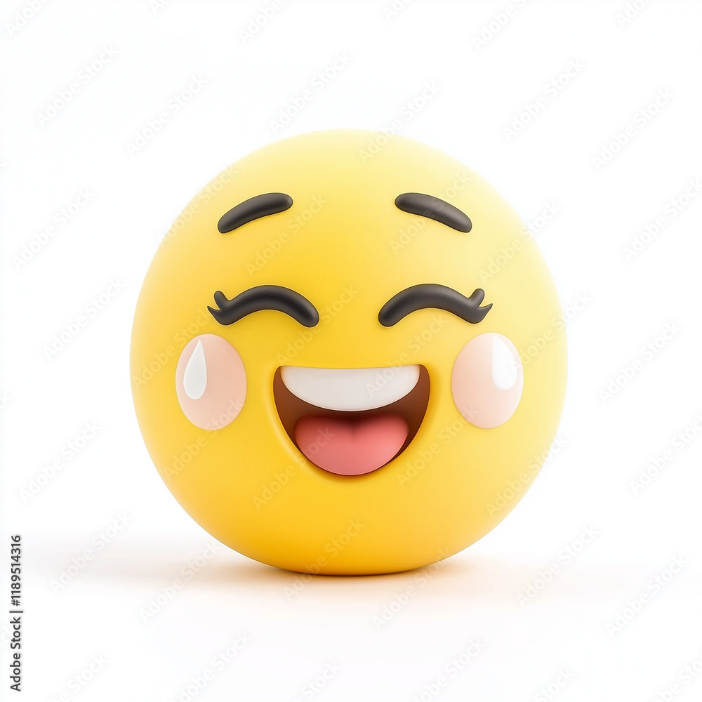Fototapeta premium Cute yellow emoji with rosy cheeks, closed eyes, and a big open-mouth smile, radiating sweetness and happiness, isolated on white