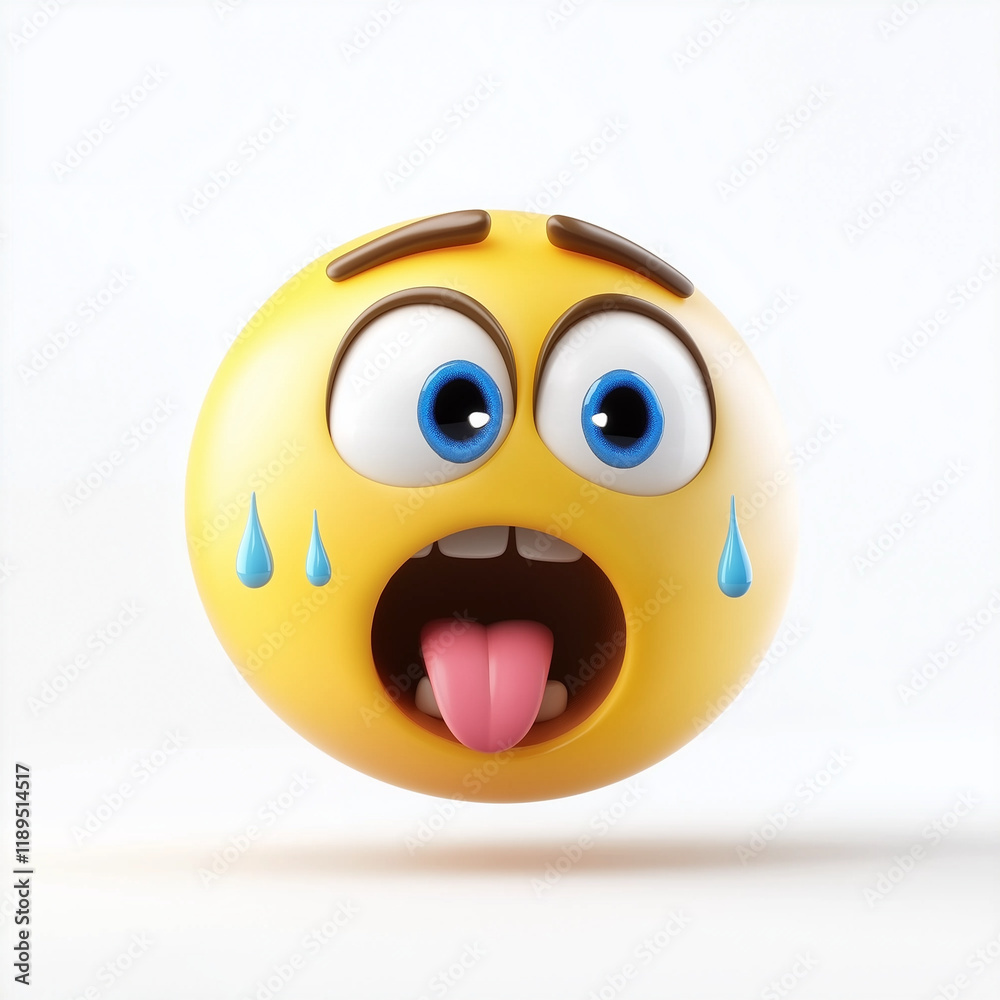 Fototapeta premium Yellow emoji with wide teary eyes, open mouth, and tongue sticking out, expressing shock and sadness, isolated on white