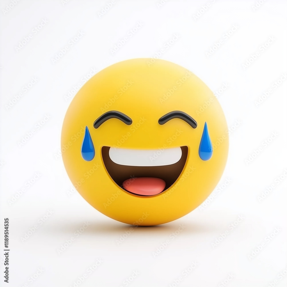 Laughing yellow emoji with teary eyes, open mouth, and cheerful expression, radiating happiness and humor, isolated on white Laughing yellow emoji with teary eyes, open mouth, and cheerful expression, radiating happiness and humor, isolated on white