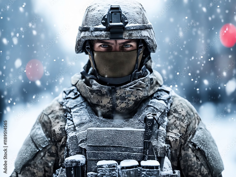 Naklejka premium A man in a military uniform holding a rifle in the snow