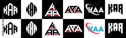 KAA letter logo design in six style. KAA polygon, circle, triangle, hexagon, flat and simple style with black and white color variation letter logo set in one artboard. KAA minimalist and classic logo