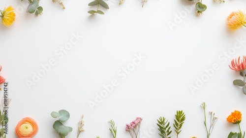 Floral Frame: A Delicate Arrangement of Colorful Flowers Bordering a White Background.